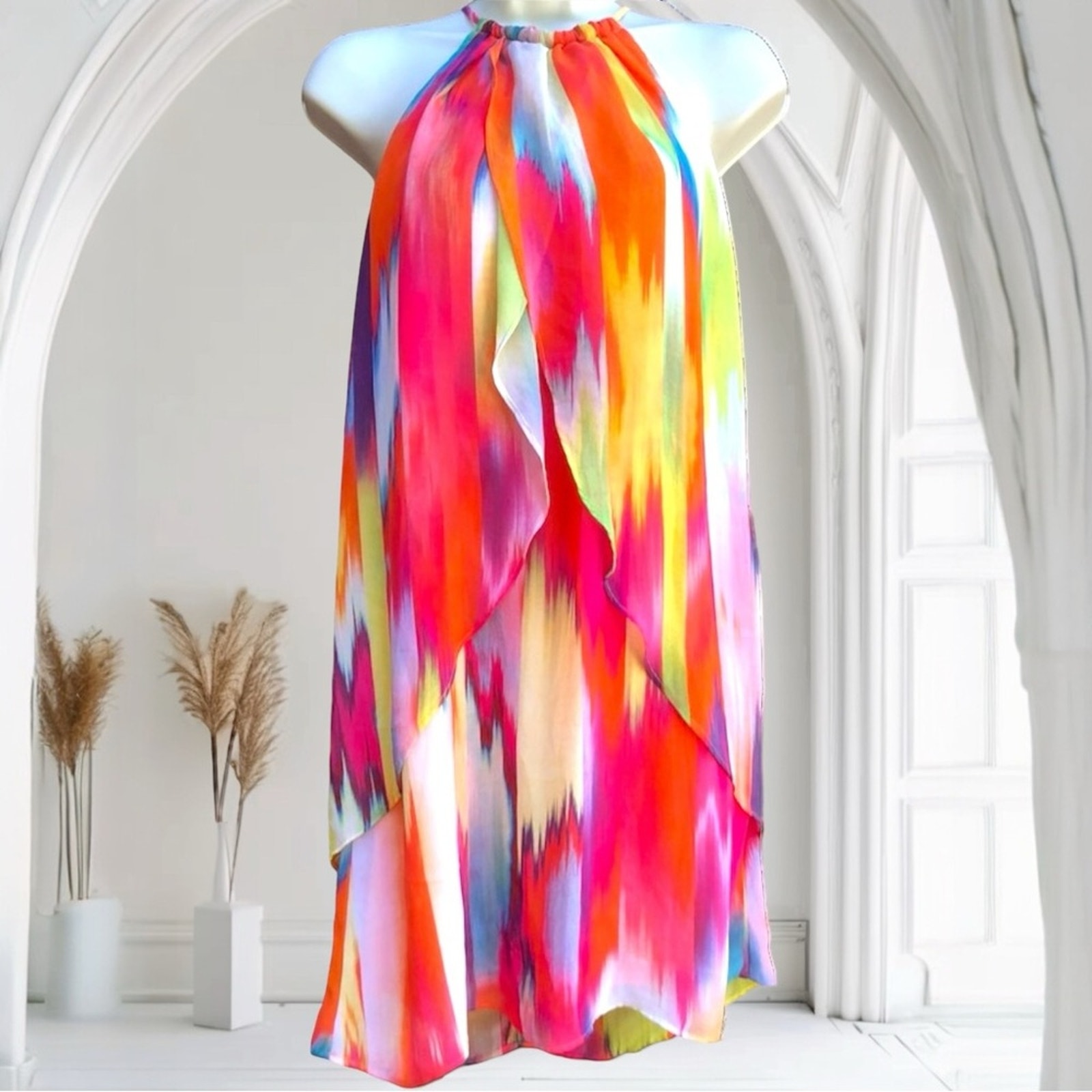 Bisou Bisou Abstract Multicolor Print Layered Flowy Mini Dress Size 8